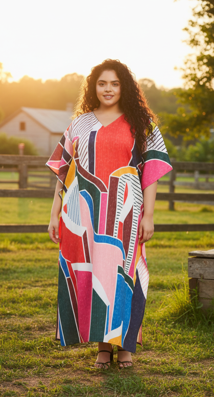 Abstract Printed Multicolor Polyester Kaftan Dress For Plus Size Women