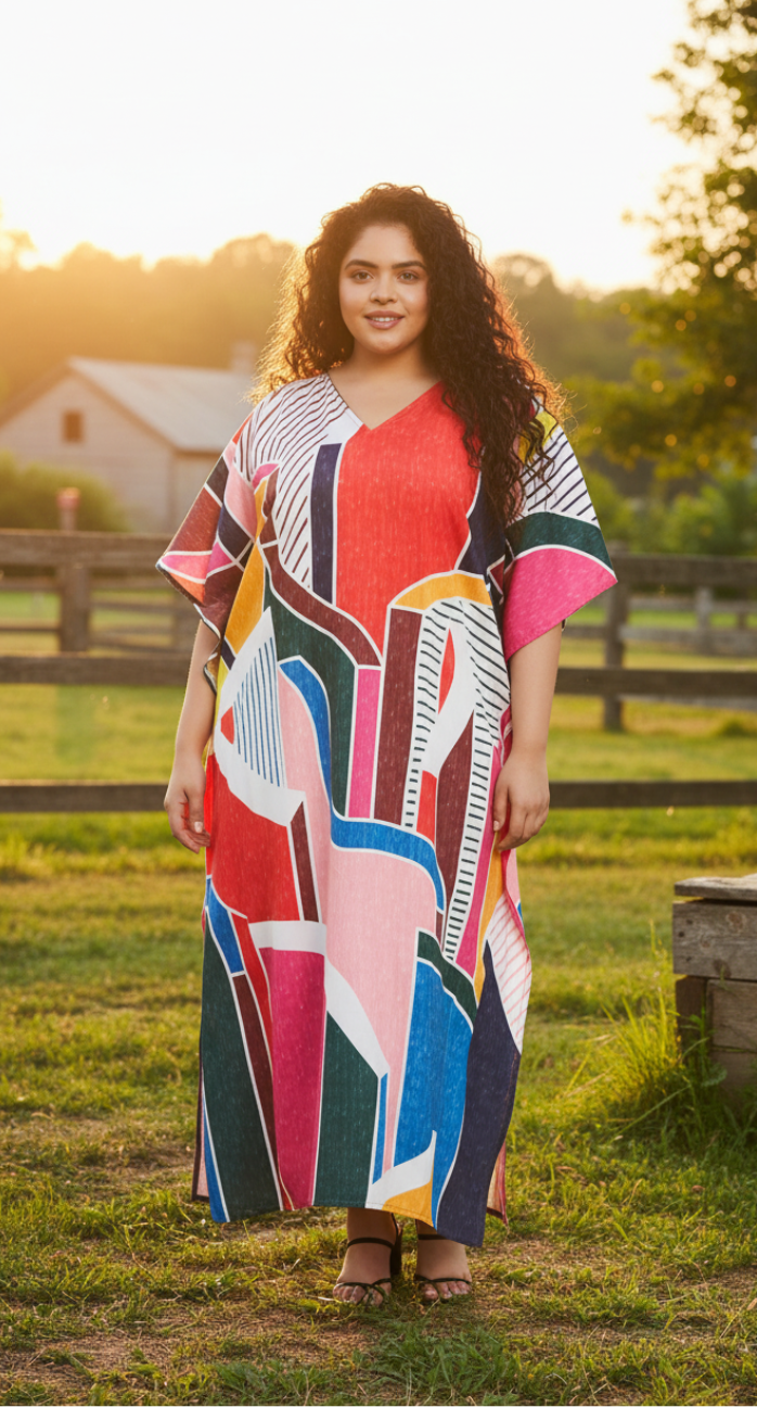 Abstract Printed Multicolor Polyester Kaftan Dress For Plus Size Women