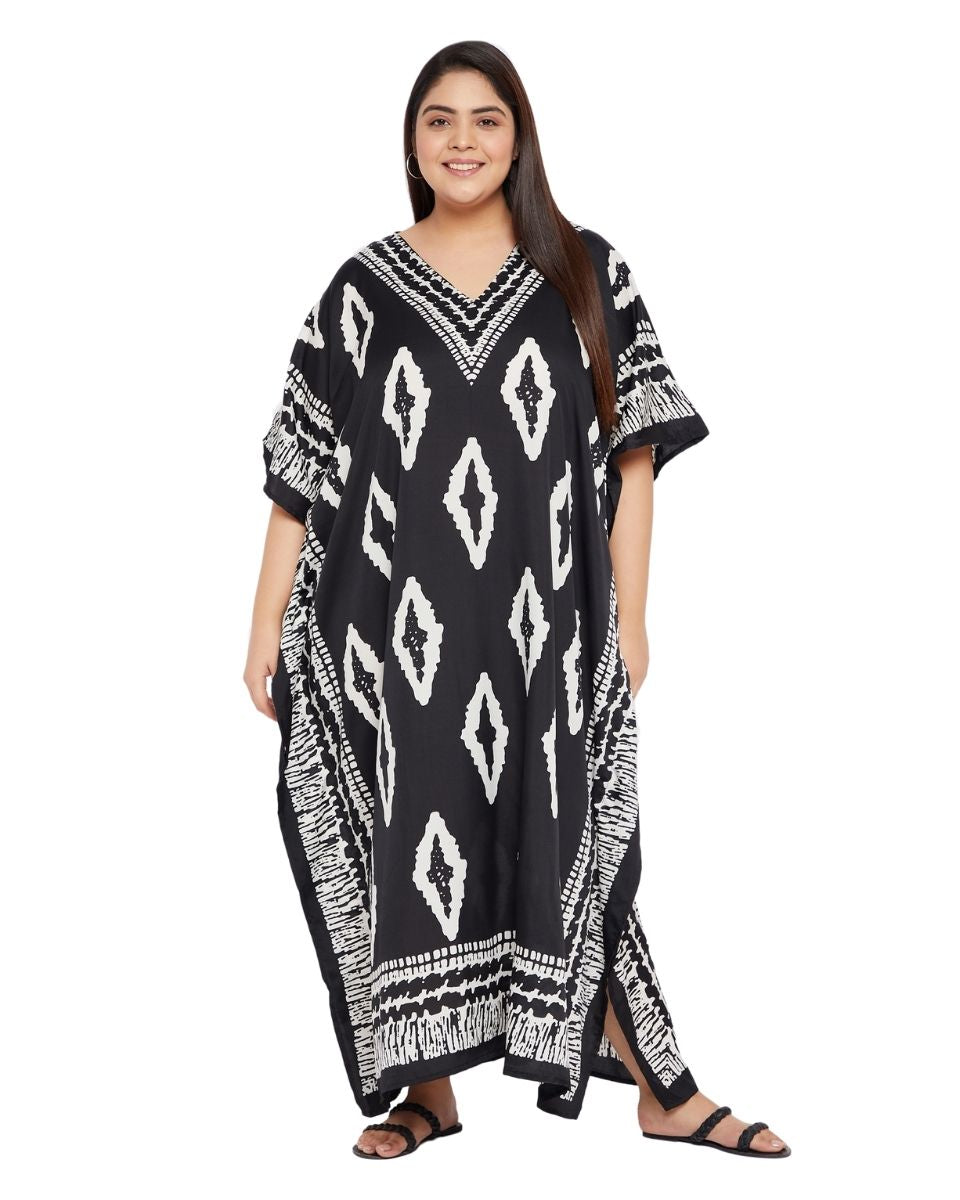 Floral Print Black Polyester Plus Size Kaftan Dress For Women