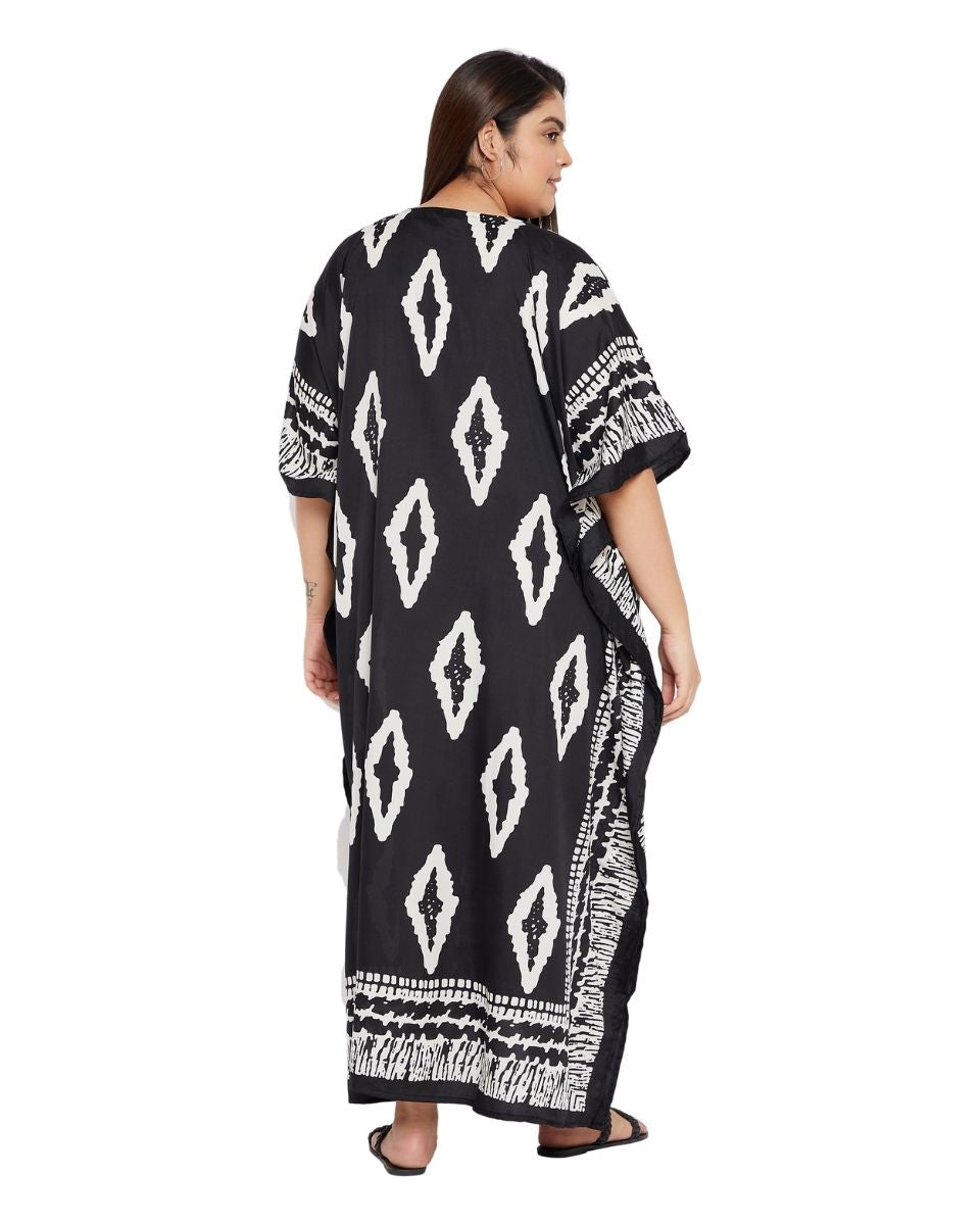 Floral Print Black Polyester Plus Size Kaftan Dress For Women