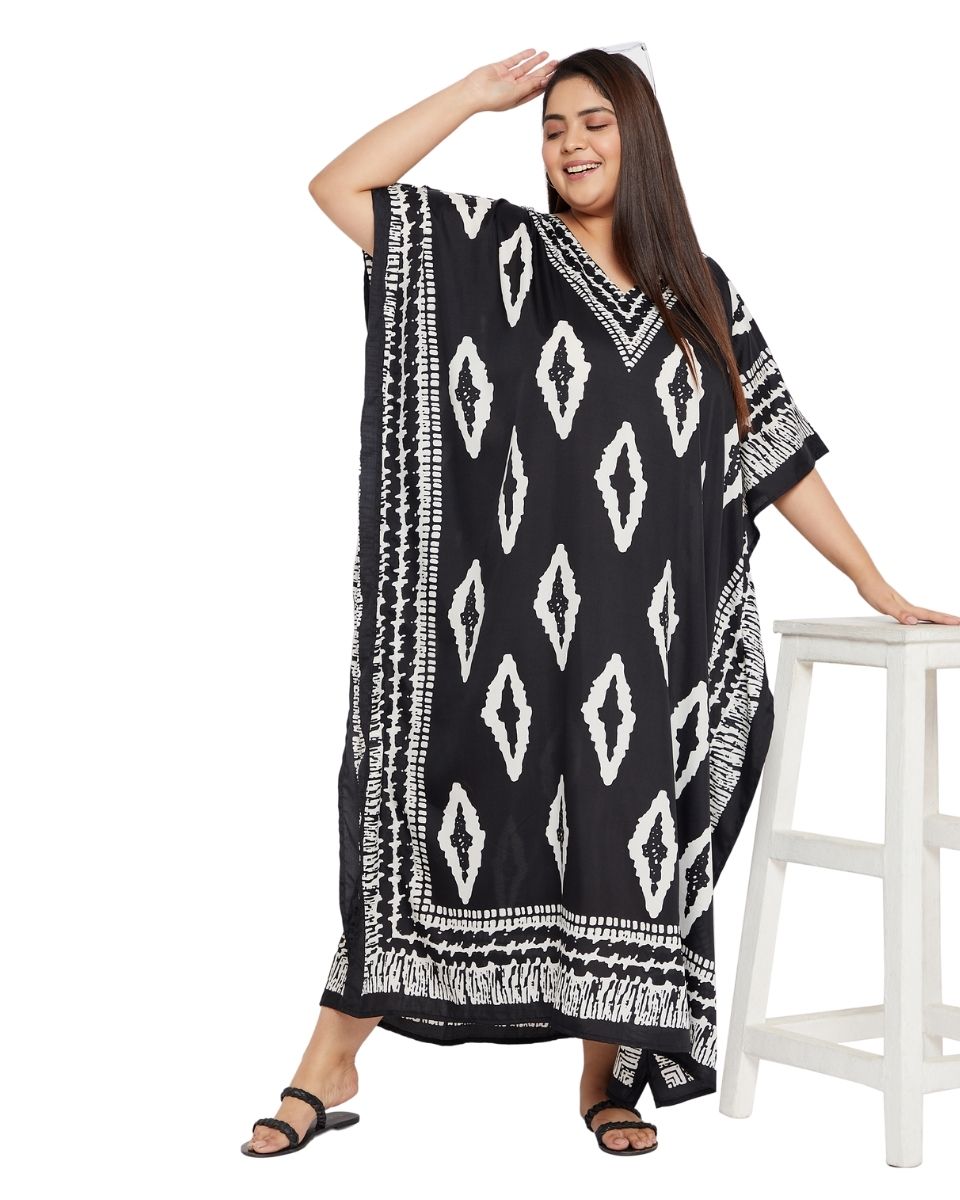 Floral Print Black Polyester Plus Size Kaftan Dress For Women