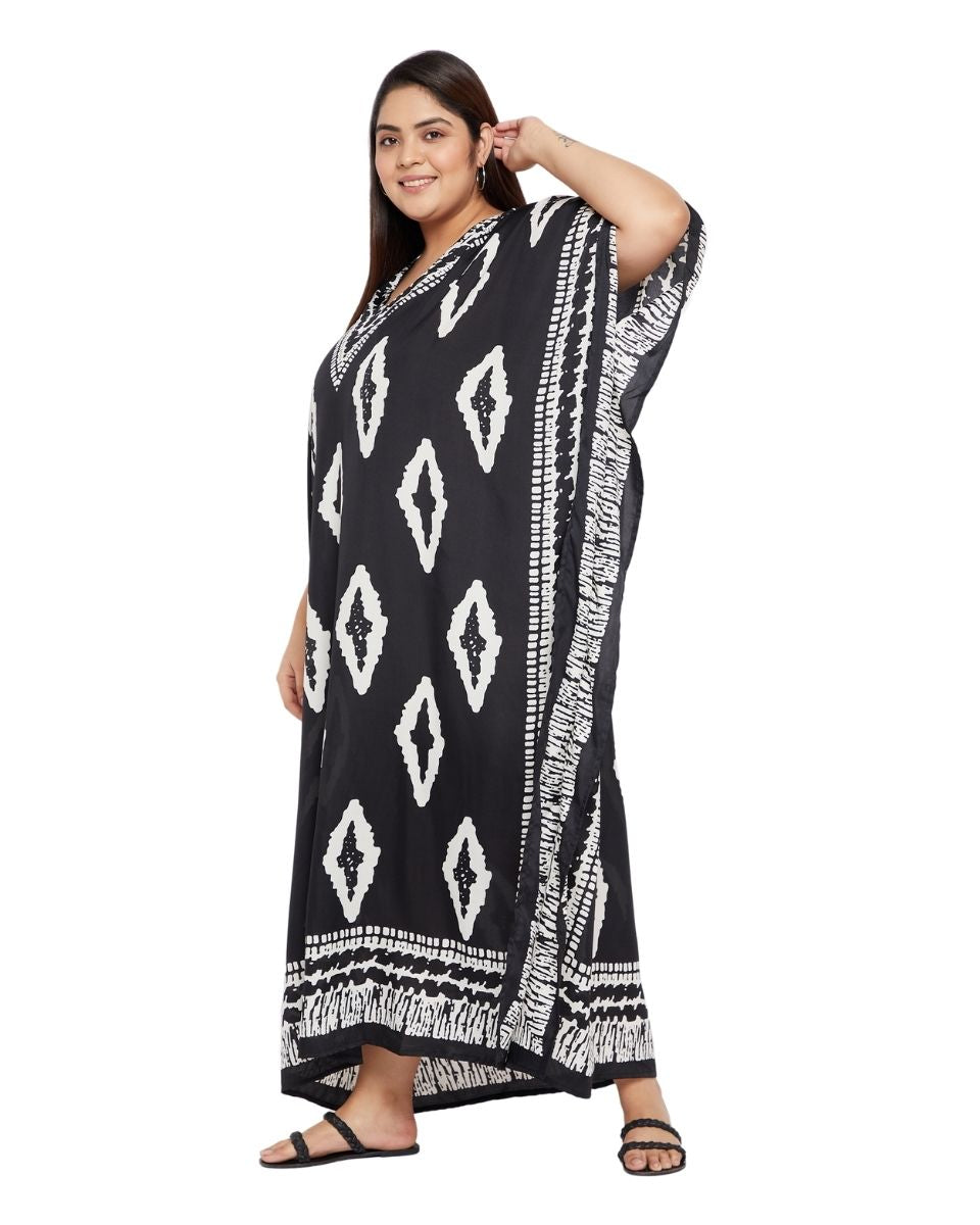 Floral Print Black Polyester Plus Size Kaftan Dress For Women