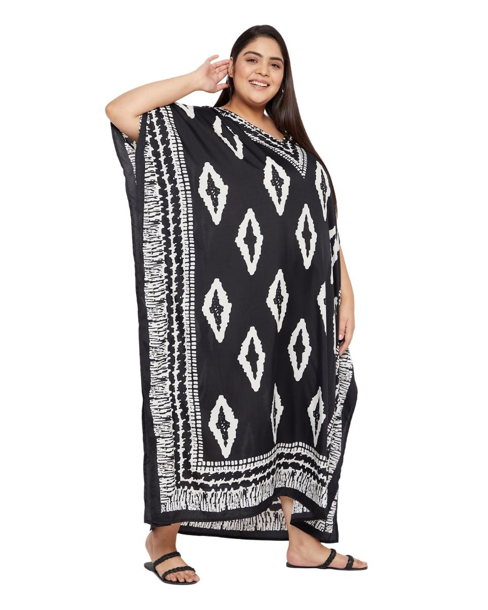 Floral Print Black Polyester Plus Size Kaftan Dress For Women