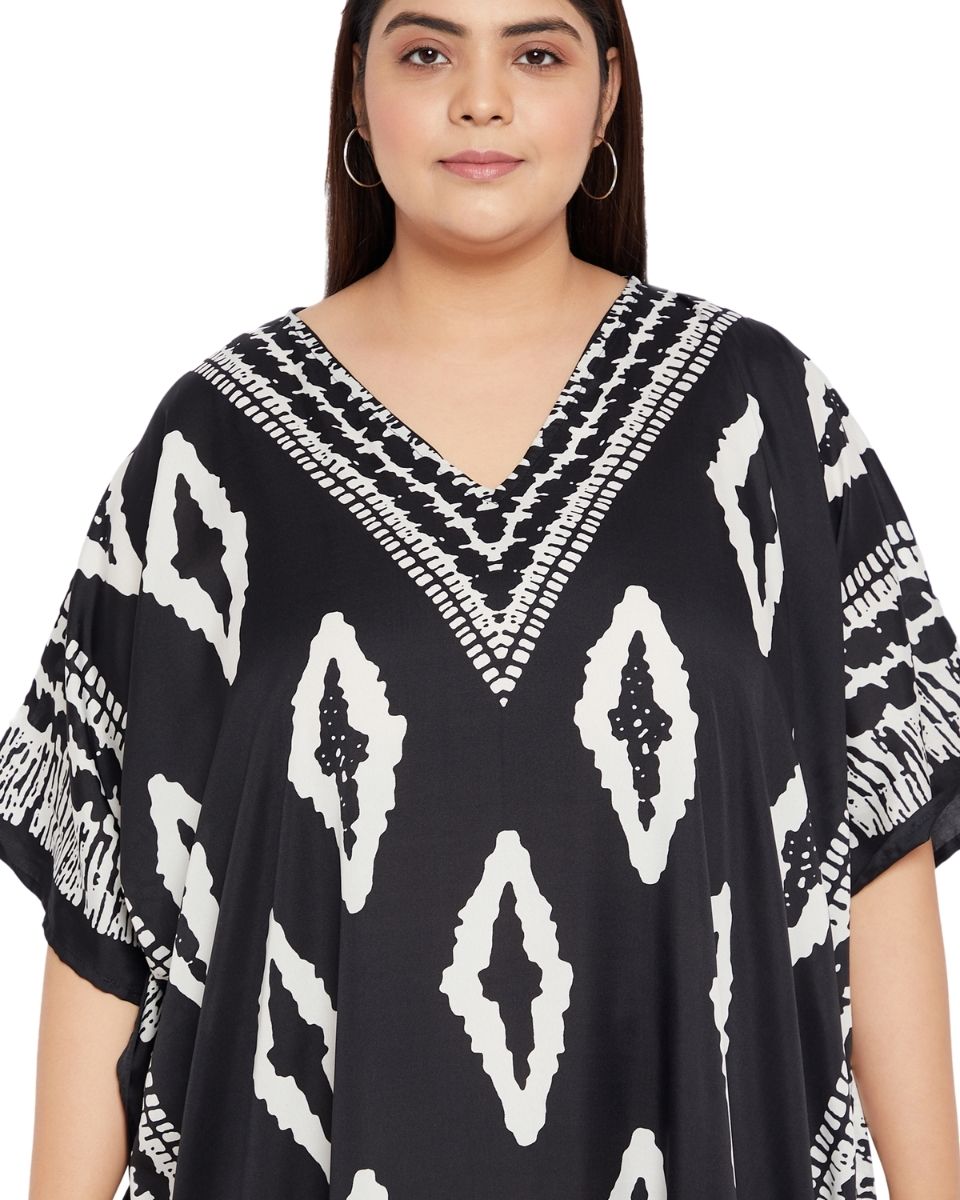 Floral Print Black Polyester Plus Size Kaftan Dress For Women