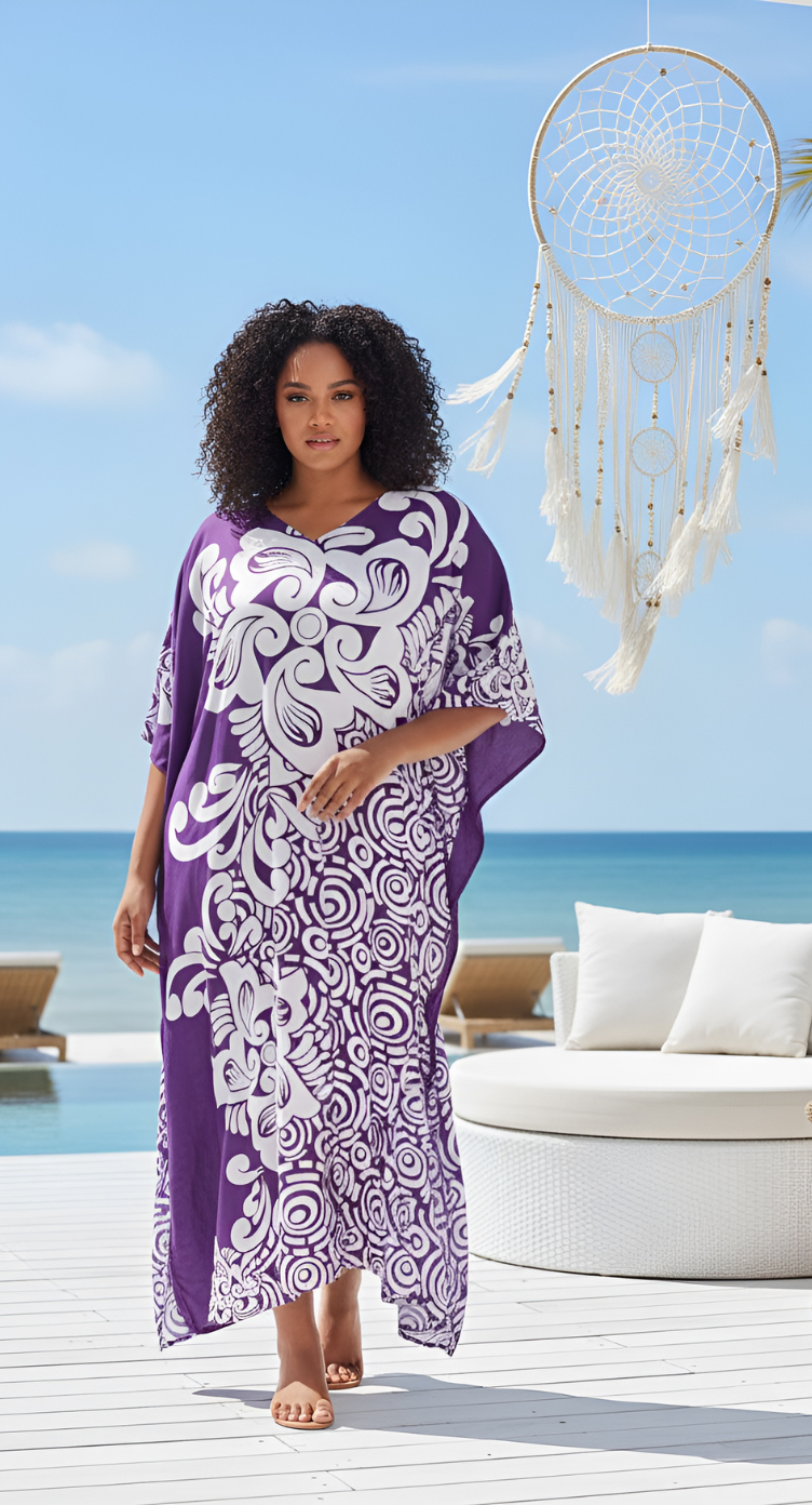 Floral Printed Purple Polyester Plus Size Caftan Dress For Women