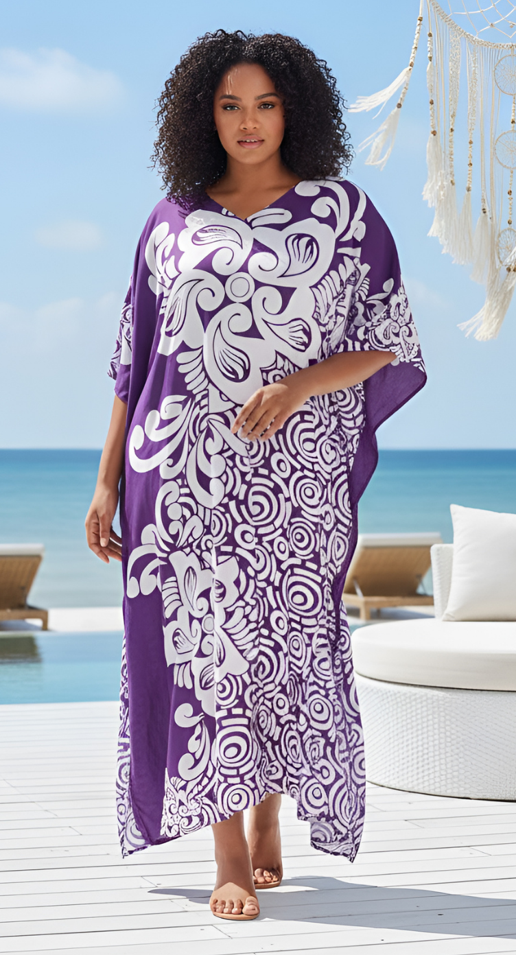Purple and white tropical floral swirl print plus size kaftan with V-neck