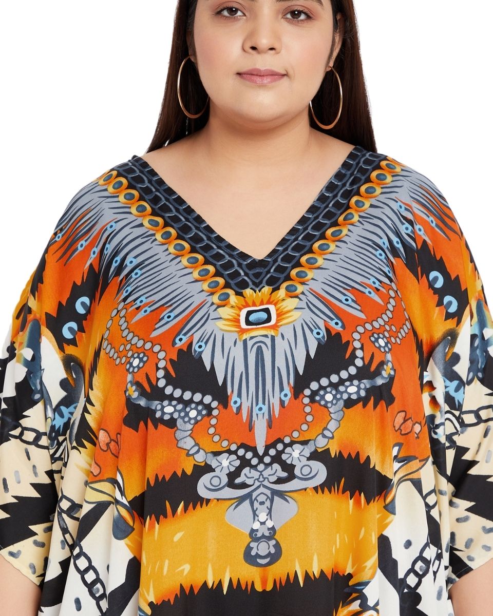 Kaftan For Plus Size Women Tribal Printed Multicolor Polyester