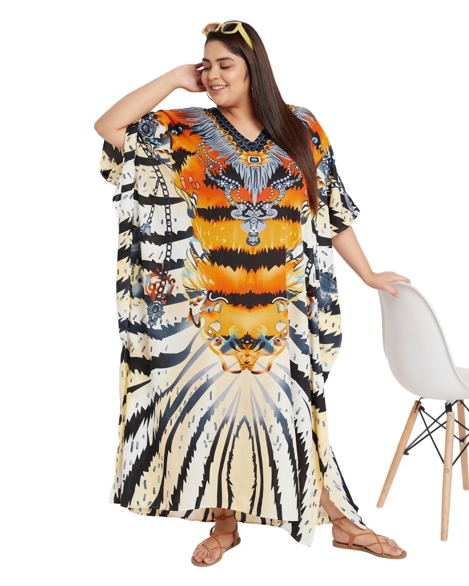 Kaftan For Plus Size Women Tribal Printed Multicolor Polyester