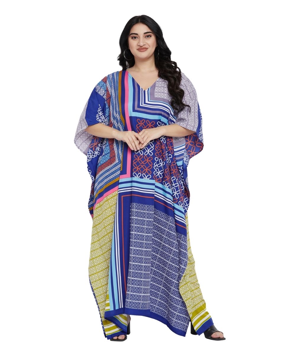 Geometric Printed Blue Plus Size Polyester Kaftan Dress For Women