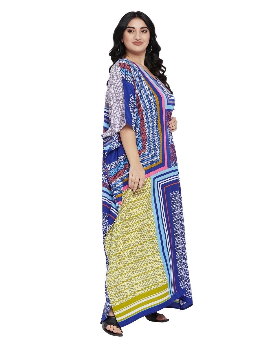 Geometric Printed Blue Plus Size Polyester Kaftan Dress For Women