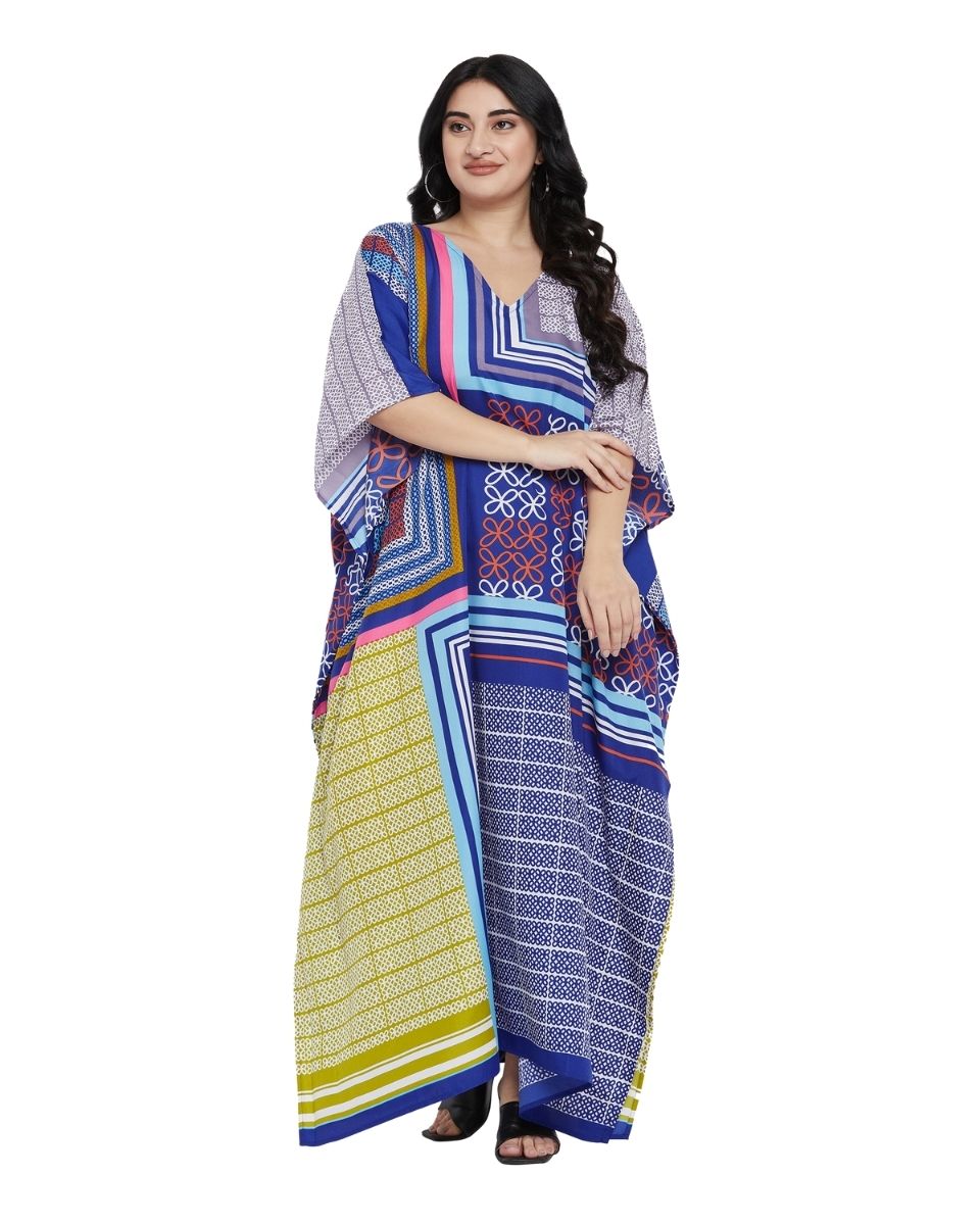 Geometric Printed Blue Plus Size Polyester Kaftan Dress For Women