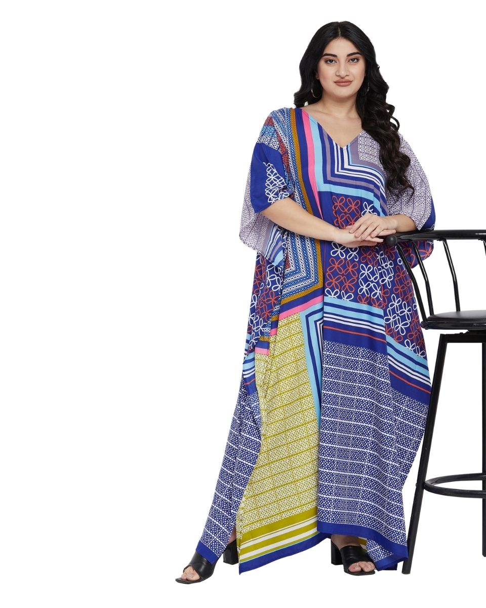 Geometric Printed Blue Plus Size Polyester Kaftan Dress For Women