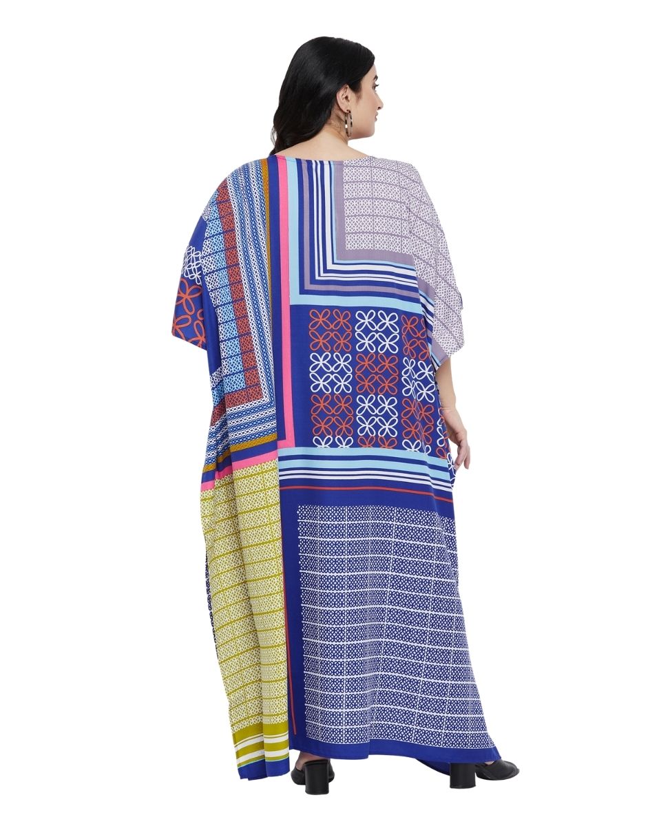 Geometric Printed Blue Plus Size Polyester Kaftan Dress For Women