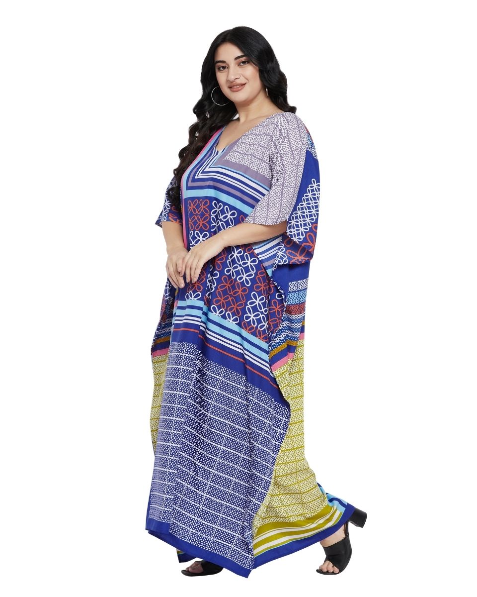 Geometric Printed Blue Plus Size Polyester Kaftan Dress For Women