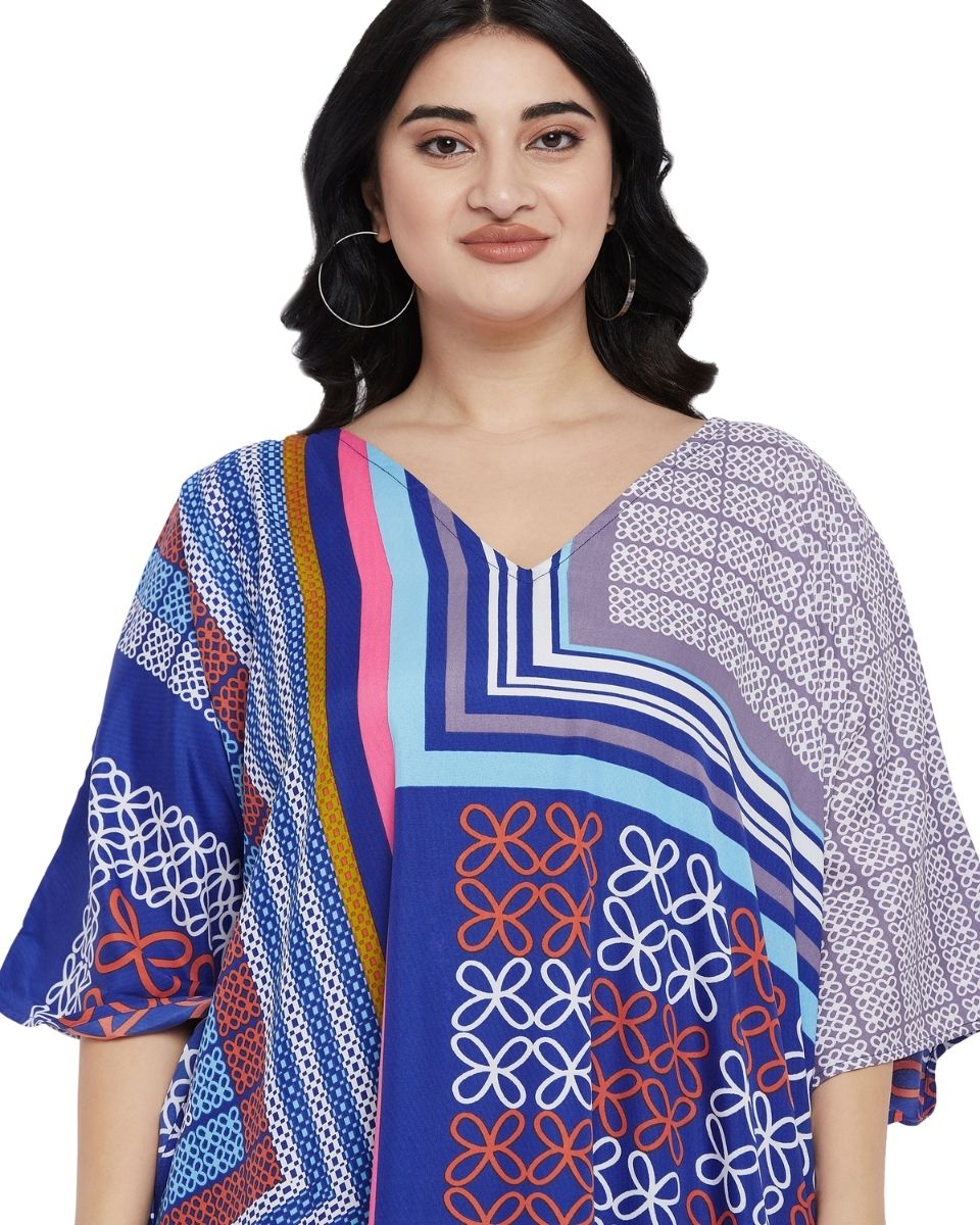 Geometric Printed Blue Plus Size Polyester Kaftan Dress For Women