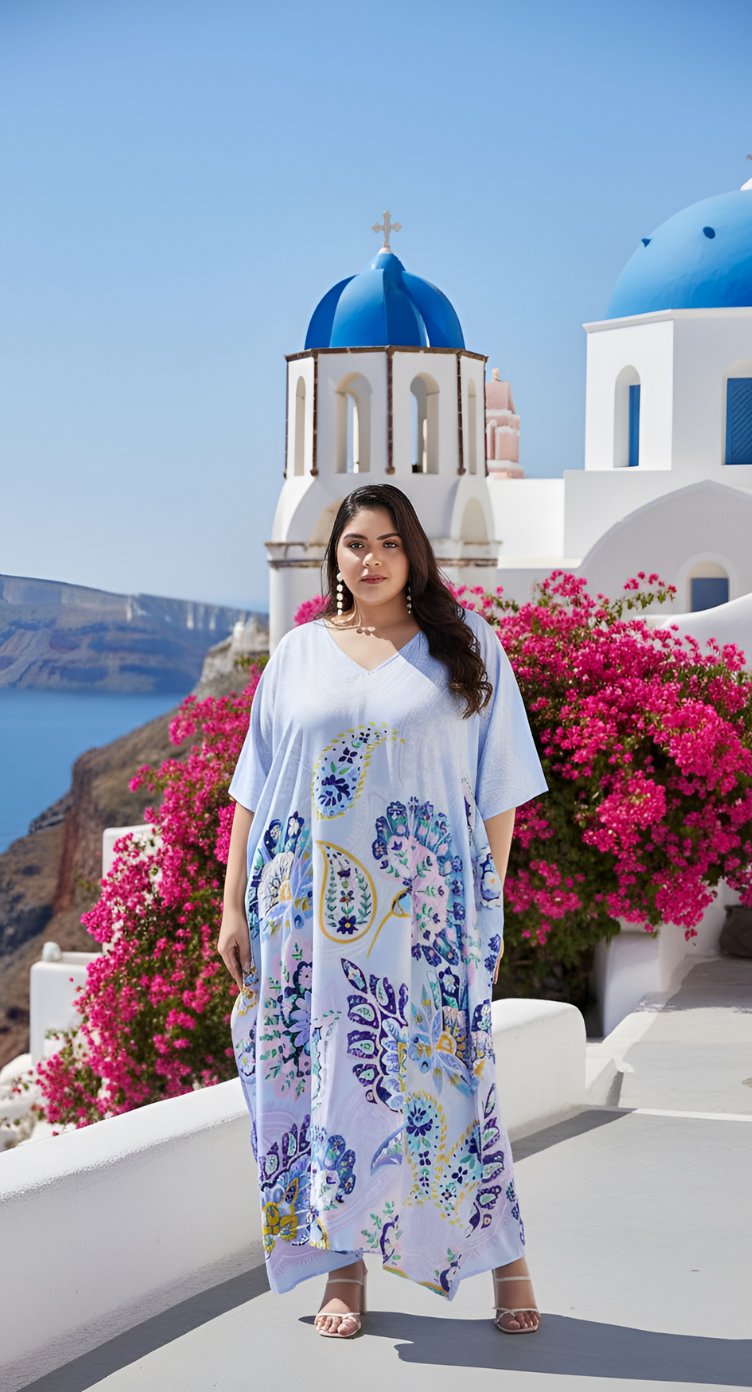 Floral Printed White Plus Size Polyester Kaftan Dress For Women