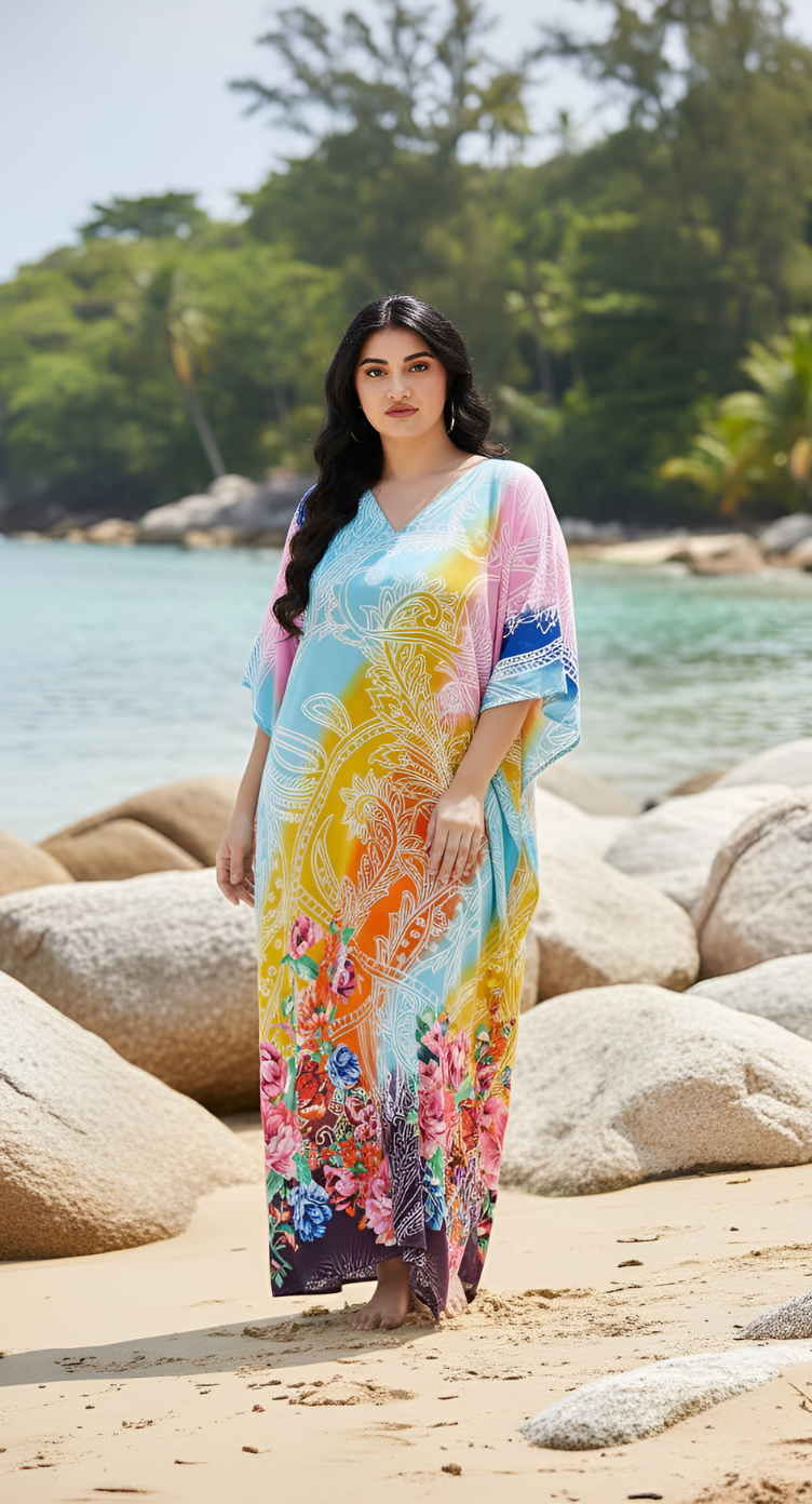 Floral Printed Multicolor Polyester Kaftan Plus Size Dress For Women