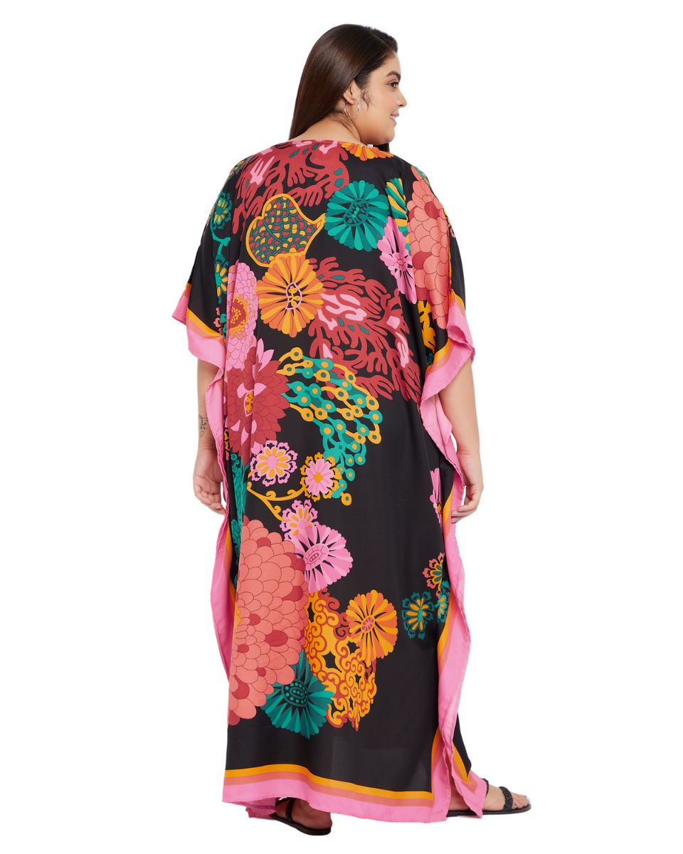 Women Plus Size Kimono Kaftan Black Floral Print Polyester