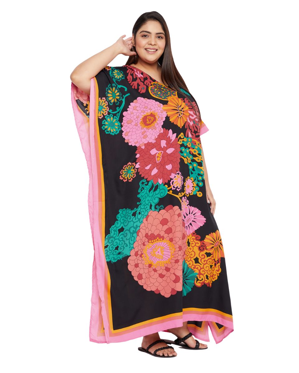 Women Plus Size Kimono Kaftan Black Floral Print Polyester