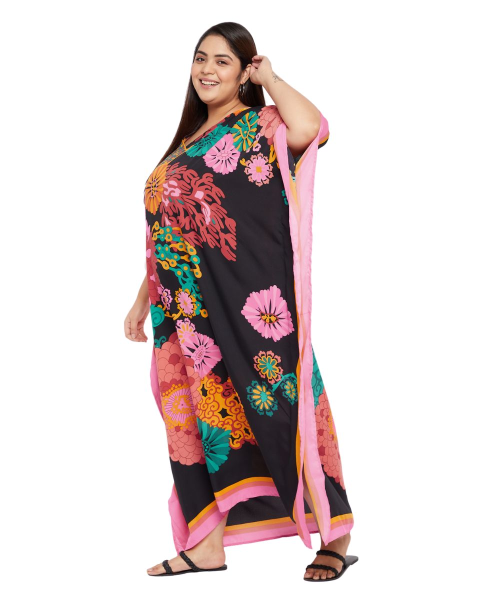 Women Plus Size Kimono Kaftan Black Floral Print Polyester