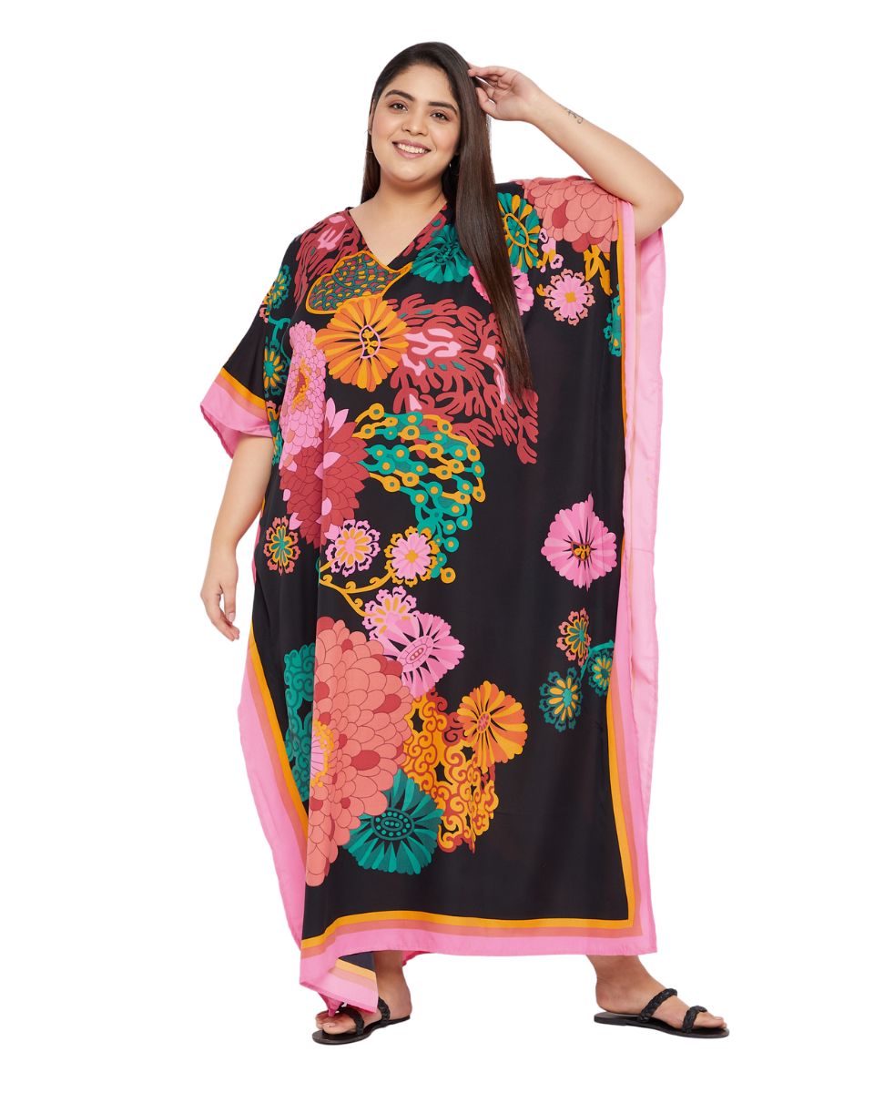 Women Plus Size Kimono Kaftan Black Floral Print Polyester