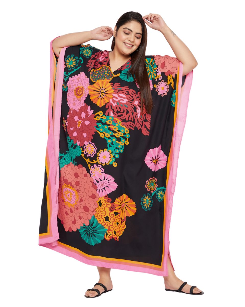 Women Plus Size Kimono Kaftan Black Floral Print Polyester