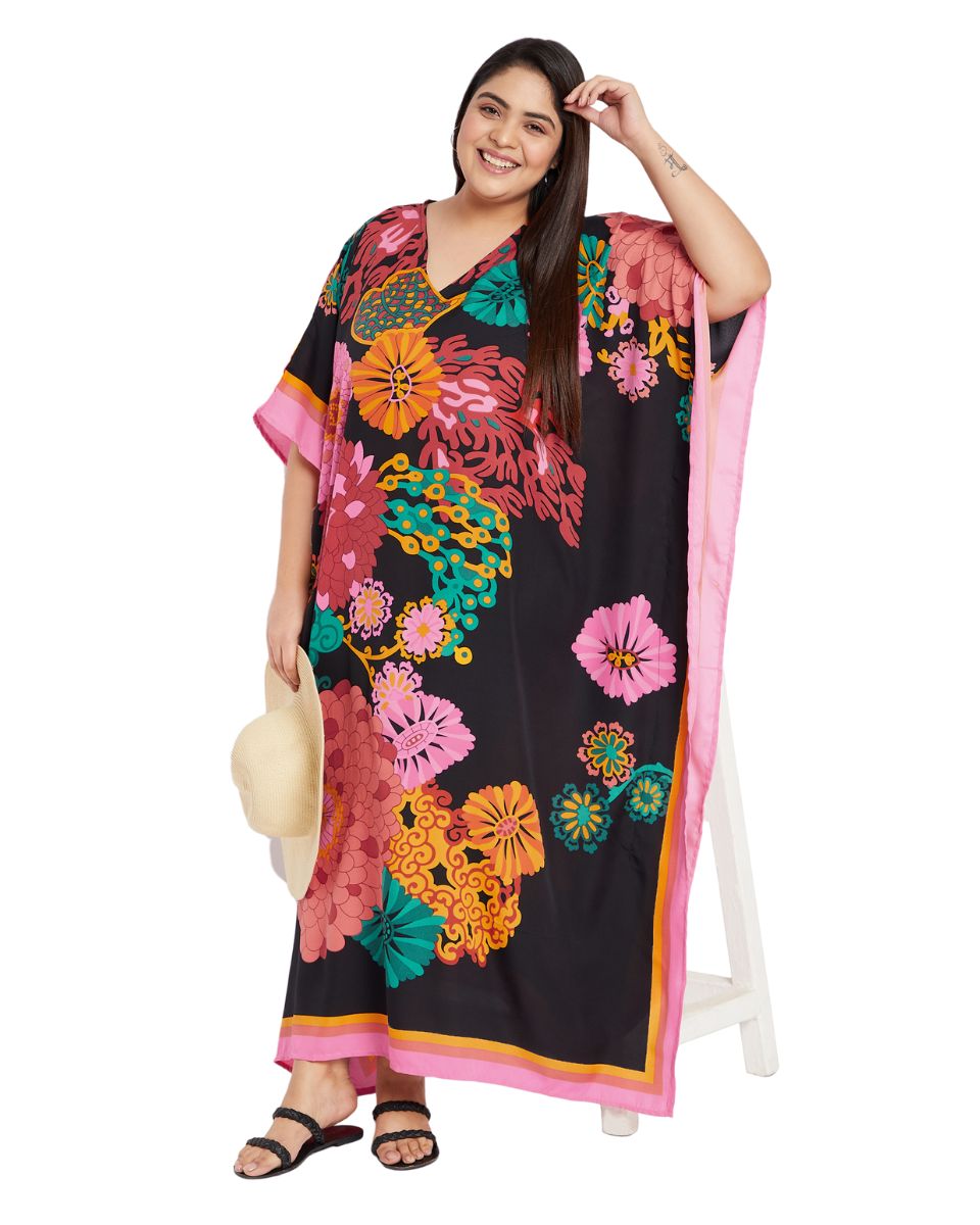 Women Plus Size Kimono Kaftan Black Floral Print Polyester