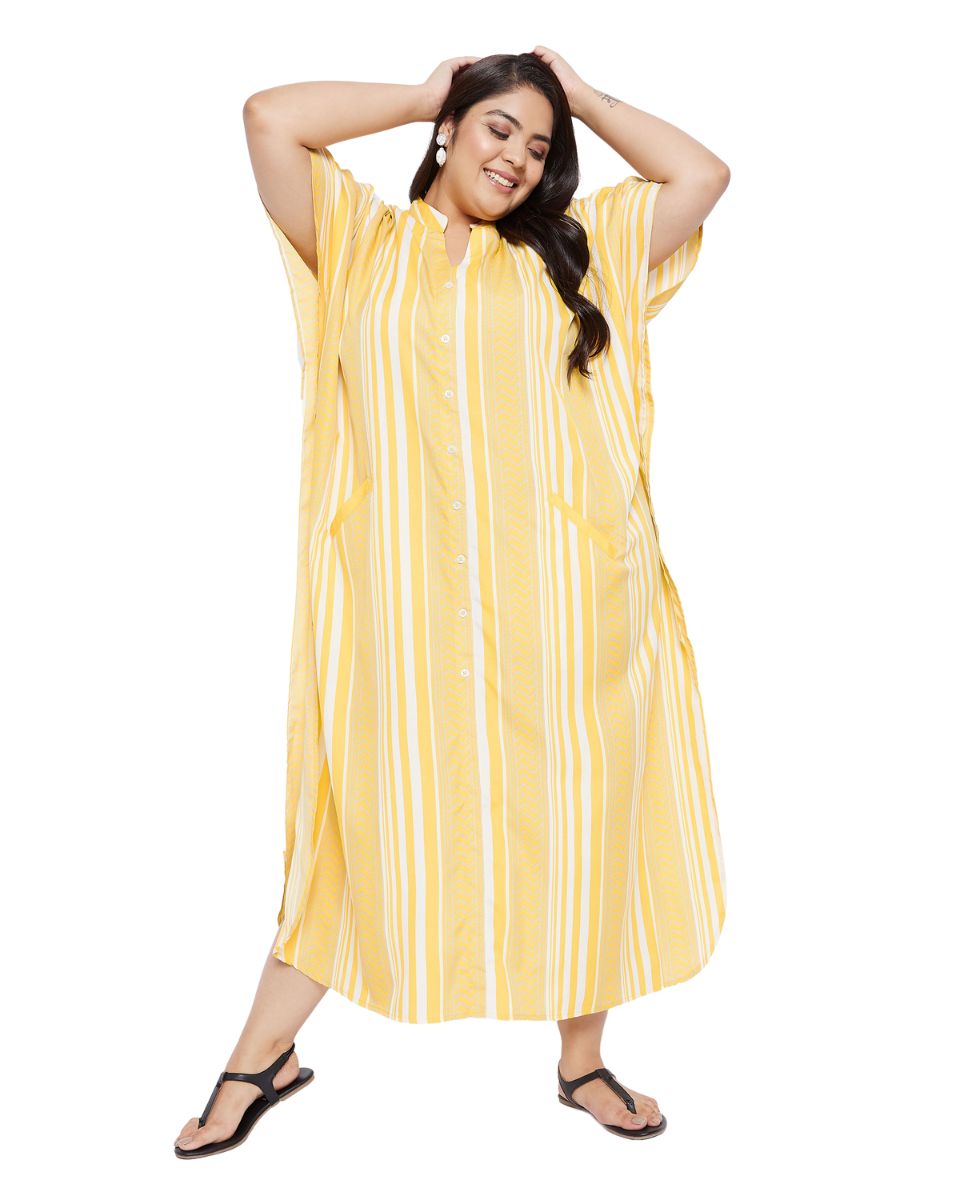 Maxi Yellow Kimono Sleeve Polyester Caftan For Plus Size Women