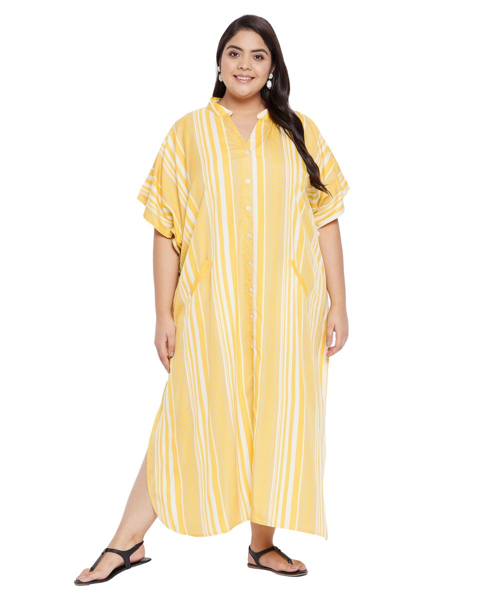 Maxi Yellow Kimono Sleeve Polyester Caftan For Plus Size Women