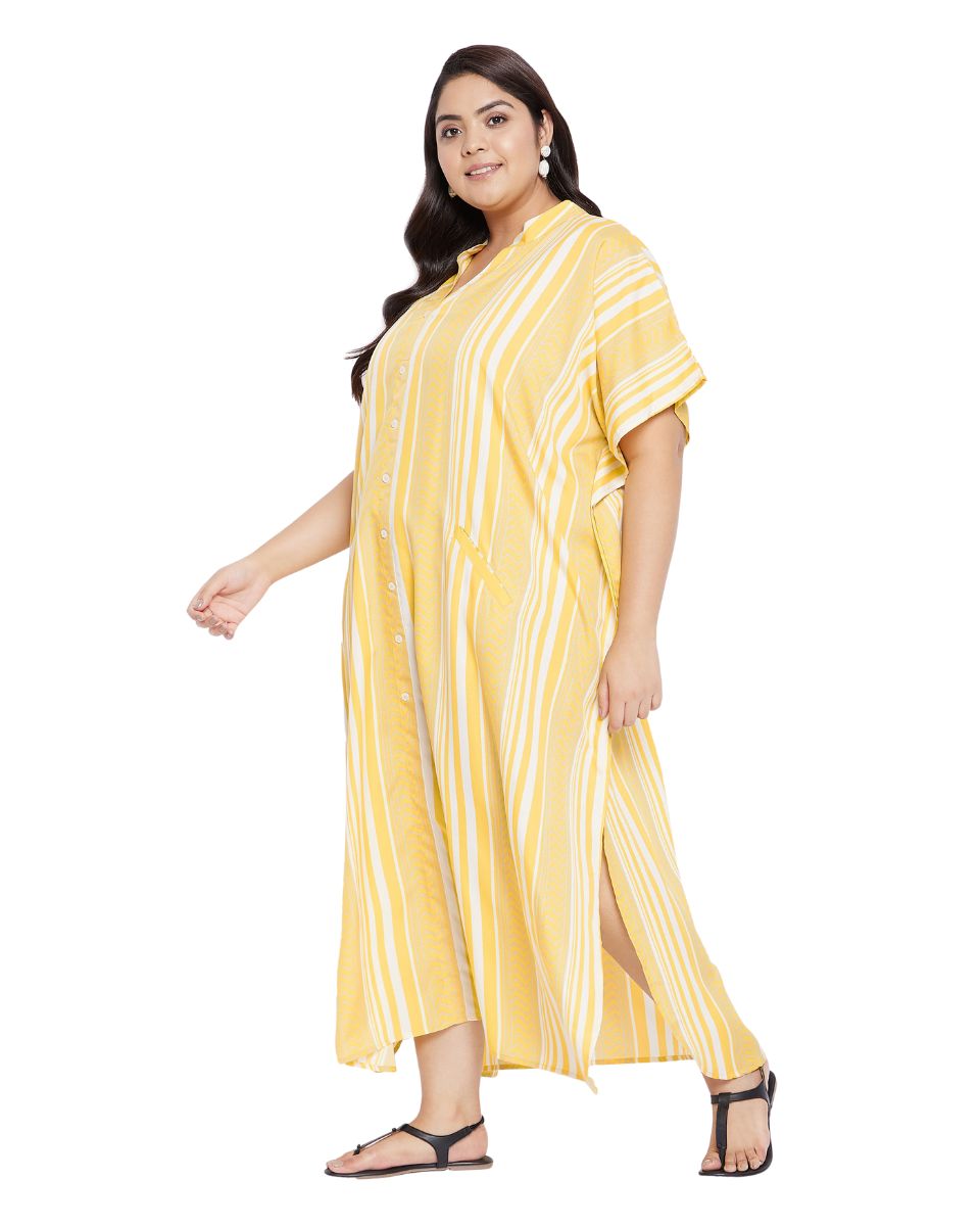 Maxi Yellow Kimono Sleeve Polyester Caftan For Plus Size Women