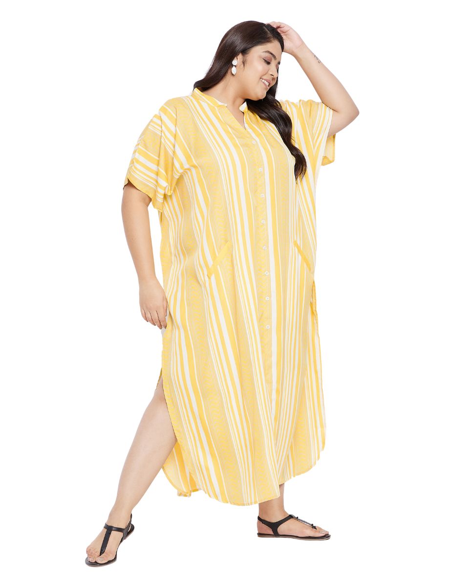 Maxi Yellow Kimono Sleeve Polyester Caftan For Plus Size Women