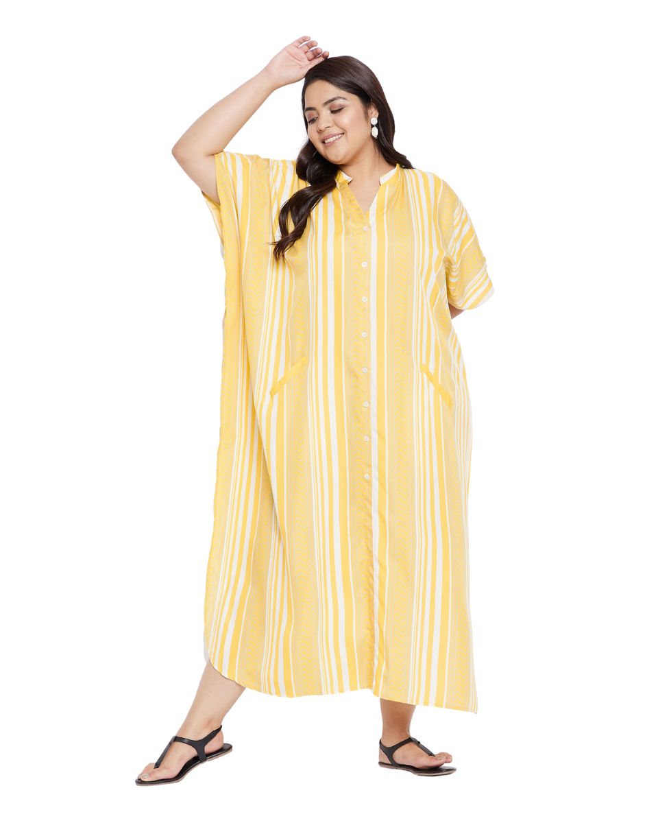 Maxi Yellow Kimono Sleeve Polyester Caftan For Plus Size Women