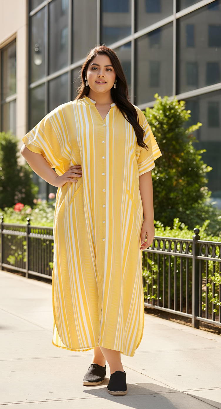 Maxi Yellow Kimono Sleeve Polyester Caftan For Plus Size Women