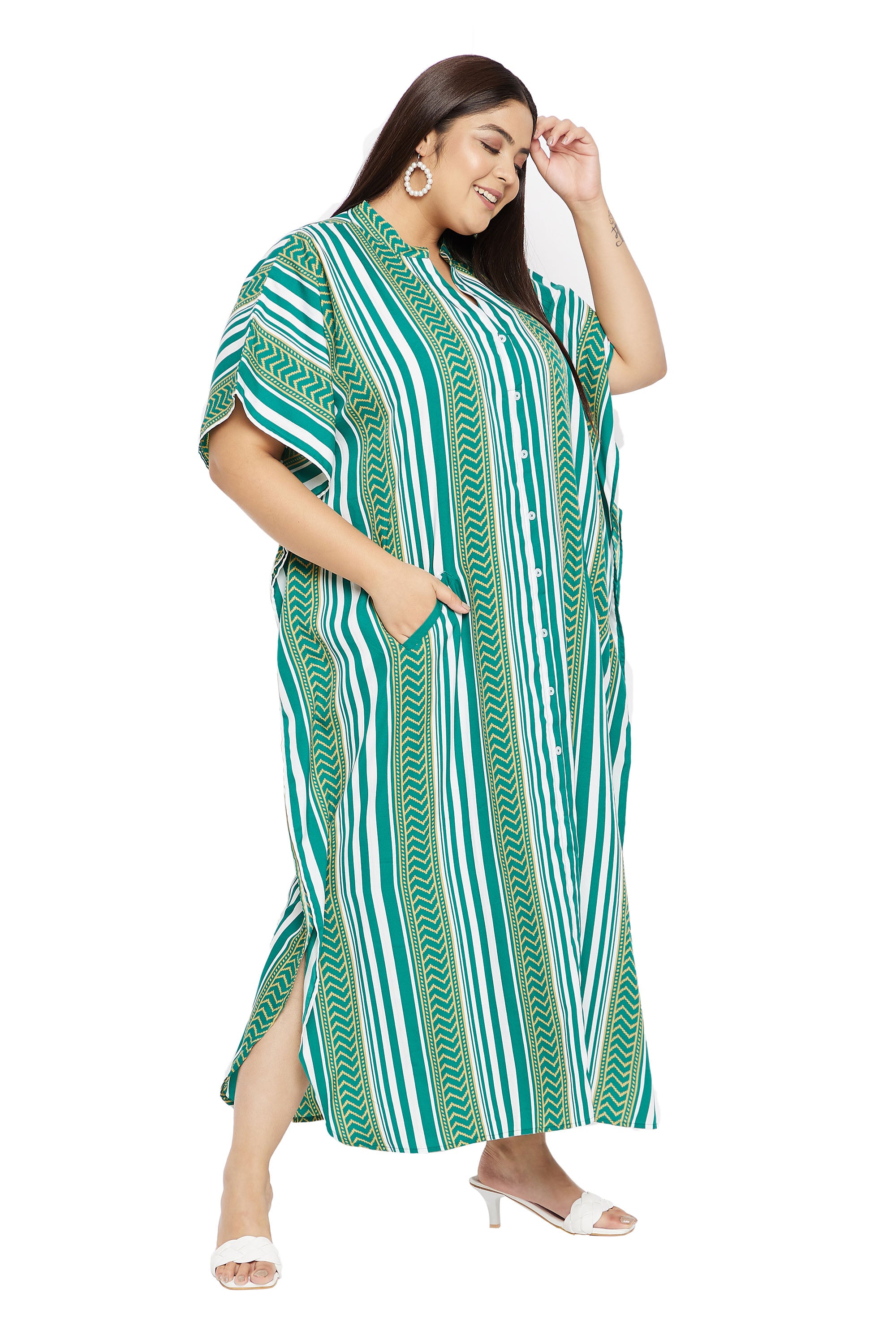 Green Kimono Sleeve Polyester Caftan Plus Size Dress For Women