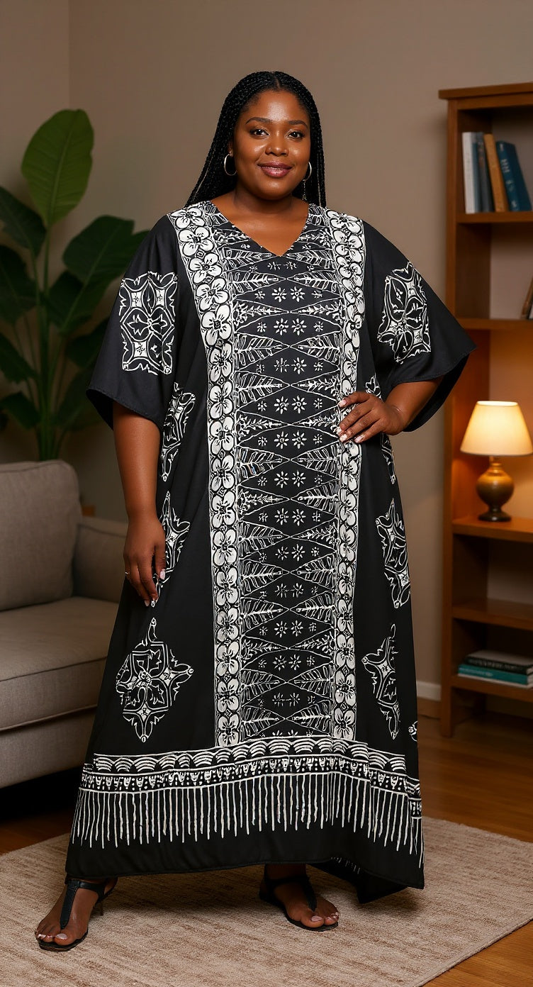Floral Printed Black Polyester Kaftan Plus Size Dress For Women