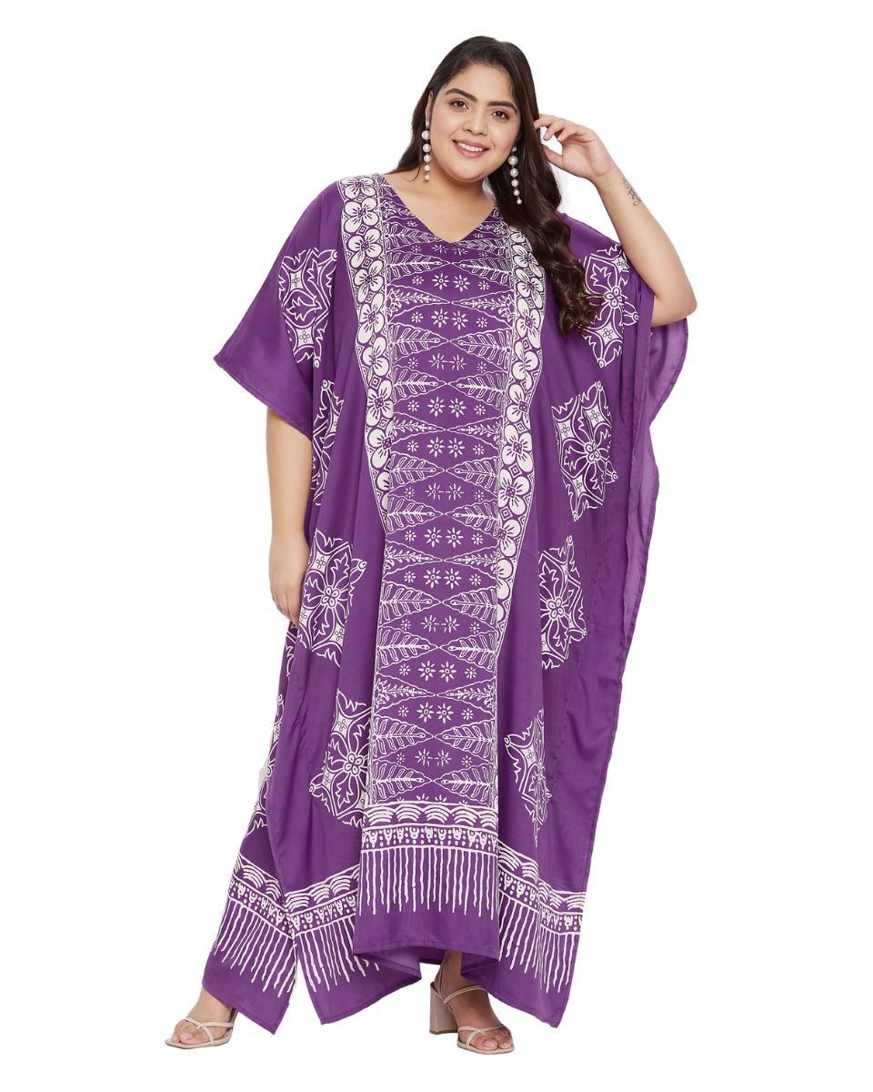 Floral Printed Purple Polyester Plus Size Kaftan Dress For Women