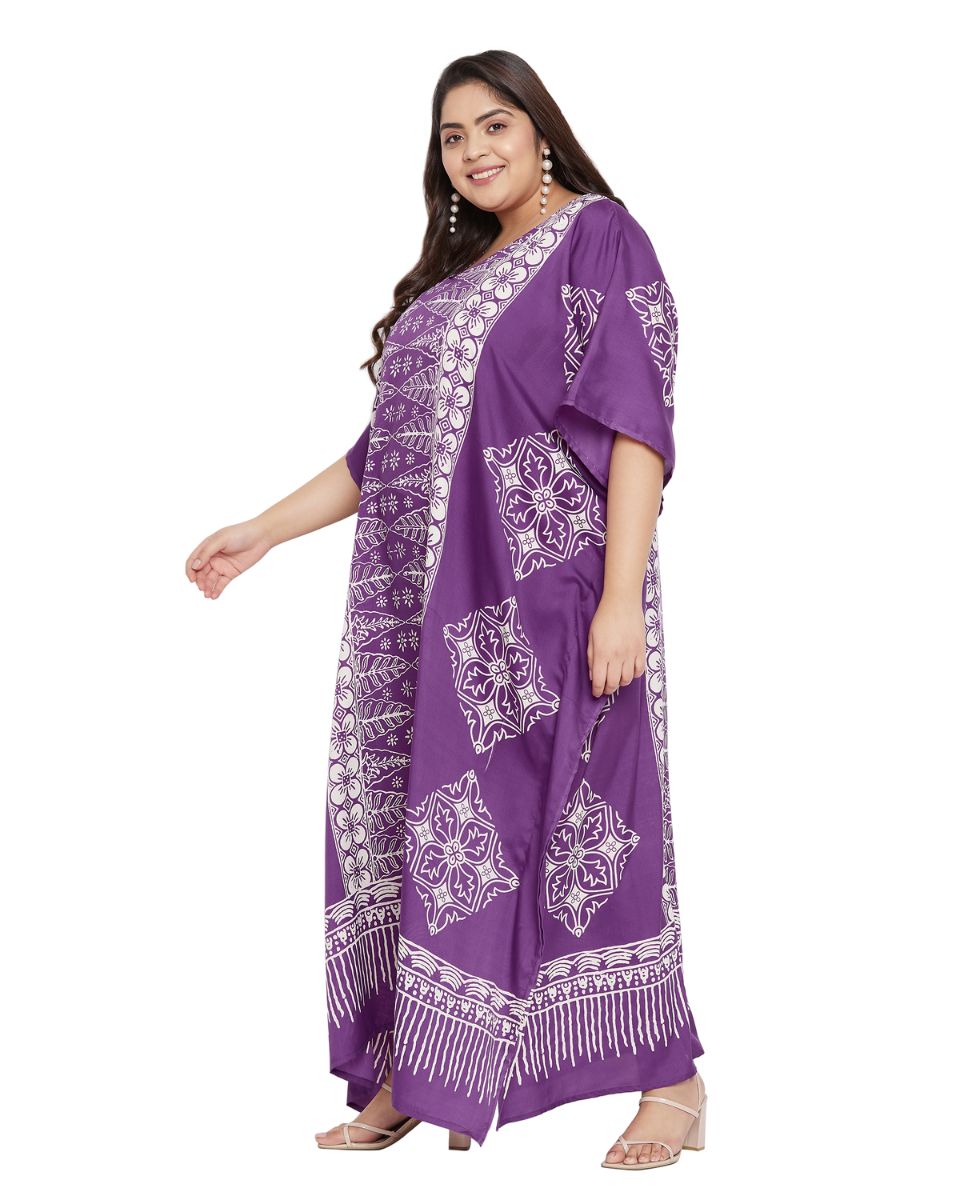 Floral Printed Purple Polyester Plus Size Kaftan Dress For Women