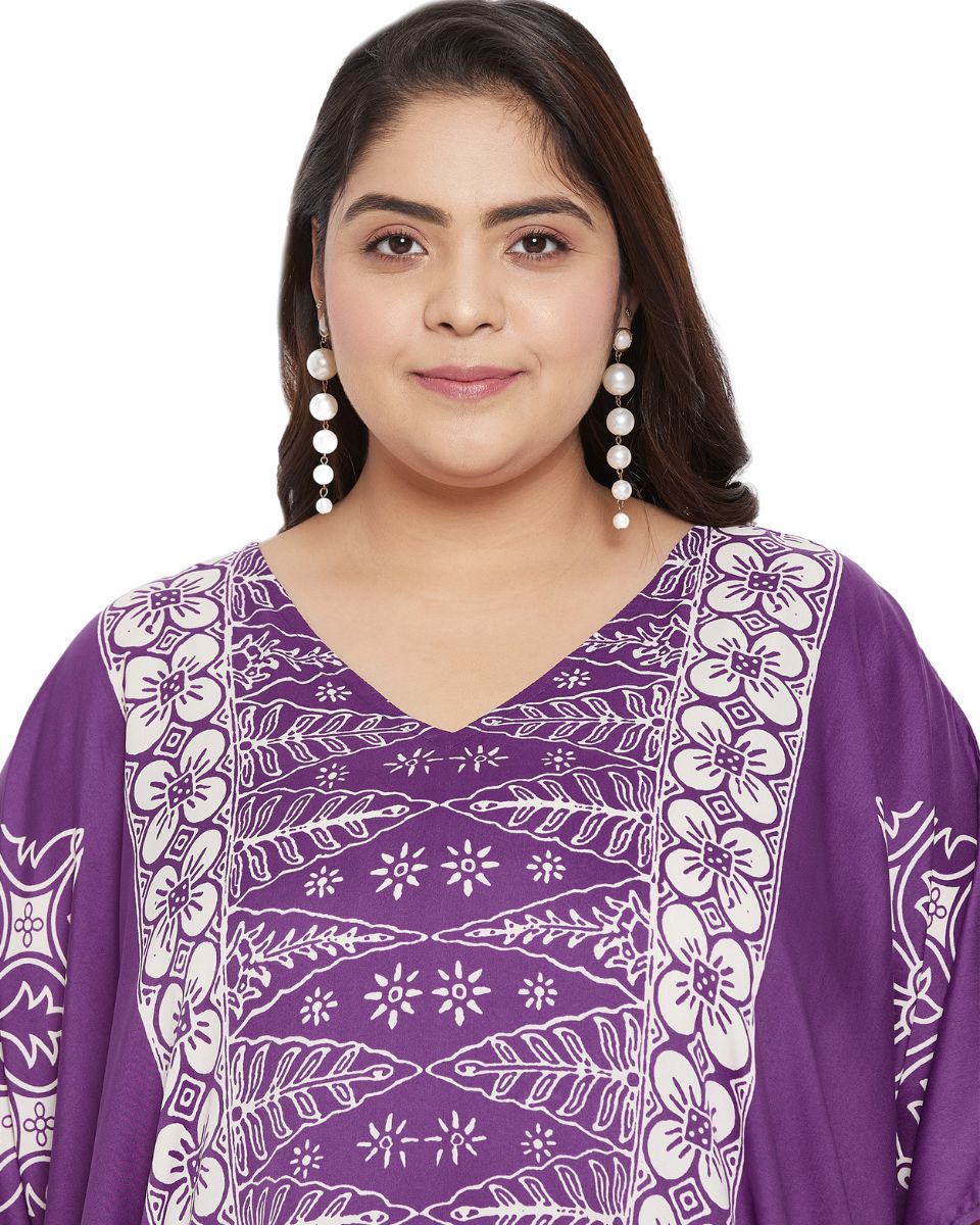 Floral Printed Purple Polyester Plus Size Kaftan Dress For Women