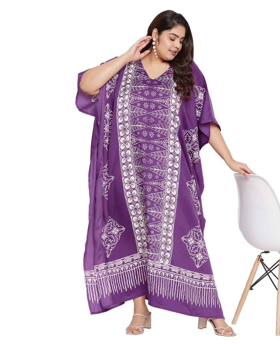 Floral Printed Purple Polyester Plus Size Kaftan Dress For Women