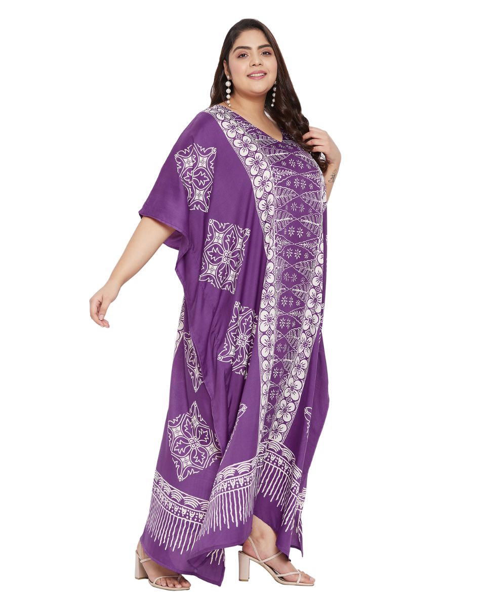 Floral Printed Purple Polyester Plus Size Kaftan Dress For Women