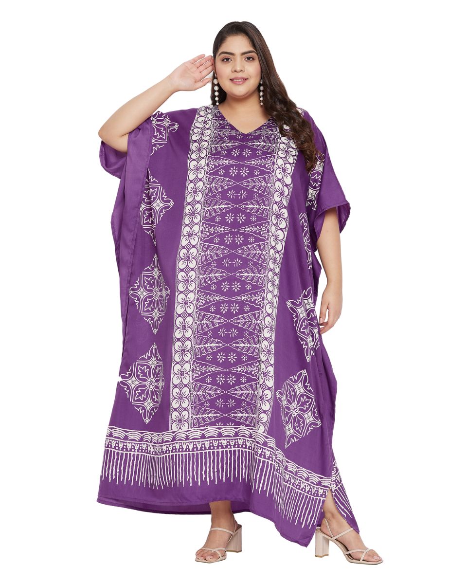 Floral Printed Purple Polyester Plus Size Kaftan Dress For Women