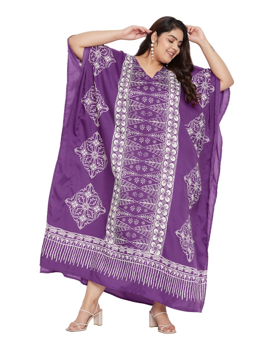 Floral Printed Purple Polyester Plus Size Kaftan Dress For Women