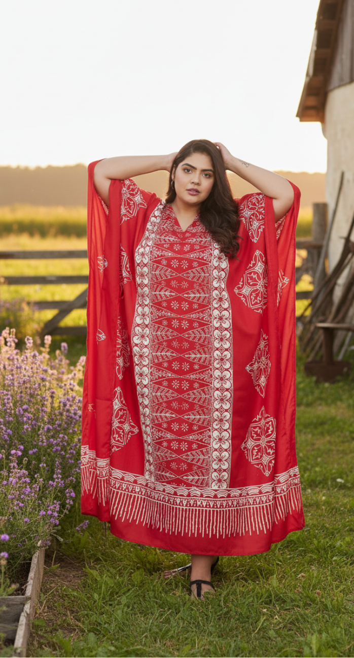 Floral Printed Red Polyester Kaftan Plus Size Dress For Women