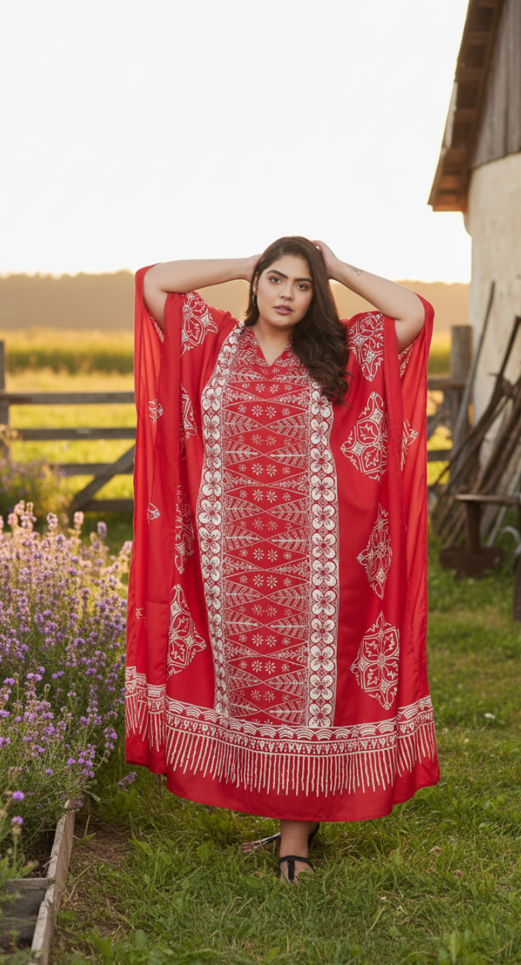 Floral Printed Red Polyester Kaftan Plus Size Dress For Women
