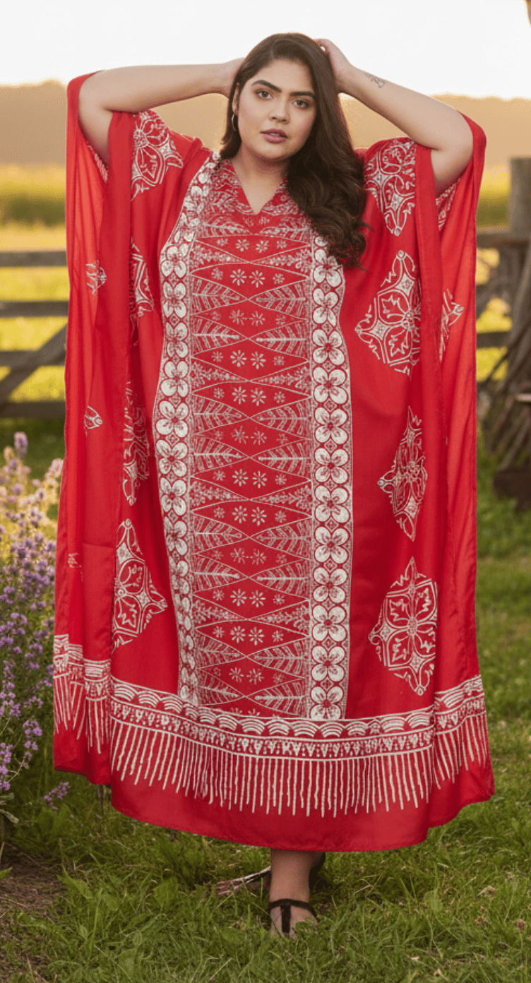 GypsieBlu Red & White Polyester Plus Size Kaftan for Women V-Neck 1X-3X - Geometric Tribal Medallion Border Print