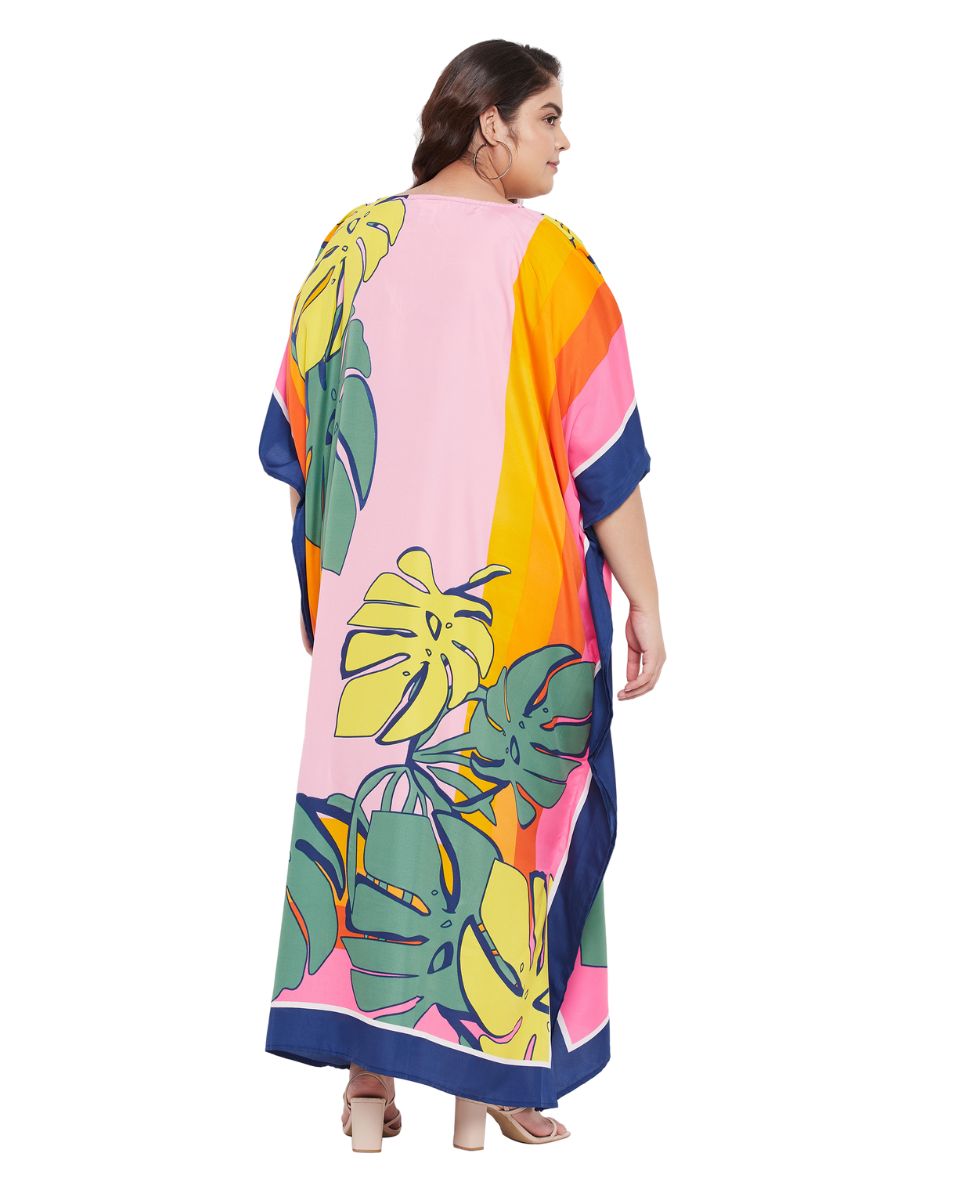 Leaf Printed Multicolor Plus Size Polyester Kaftan Dress For Women