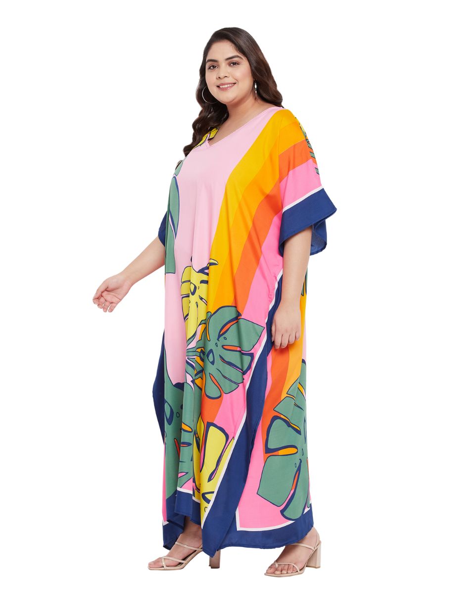 Leaf Printed Multicolor Plus Size Polyester Kaftan Dress For Women