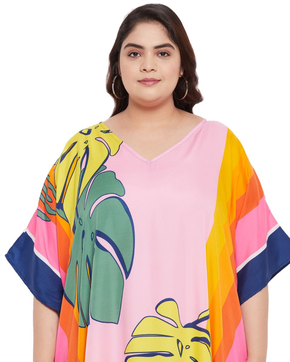 Leaf Printed Multicolor Plus Size Polyester Kaftan Dress For Women