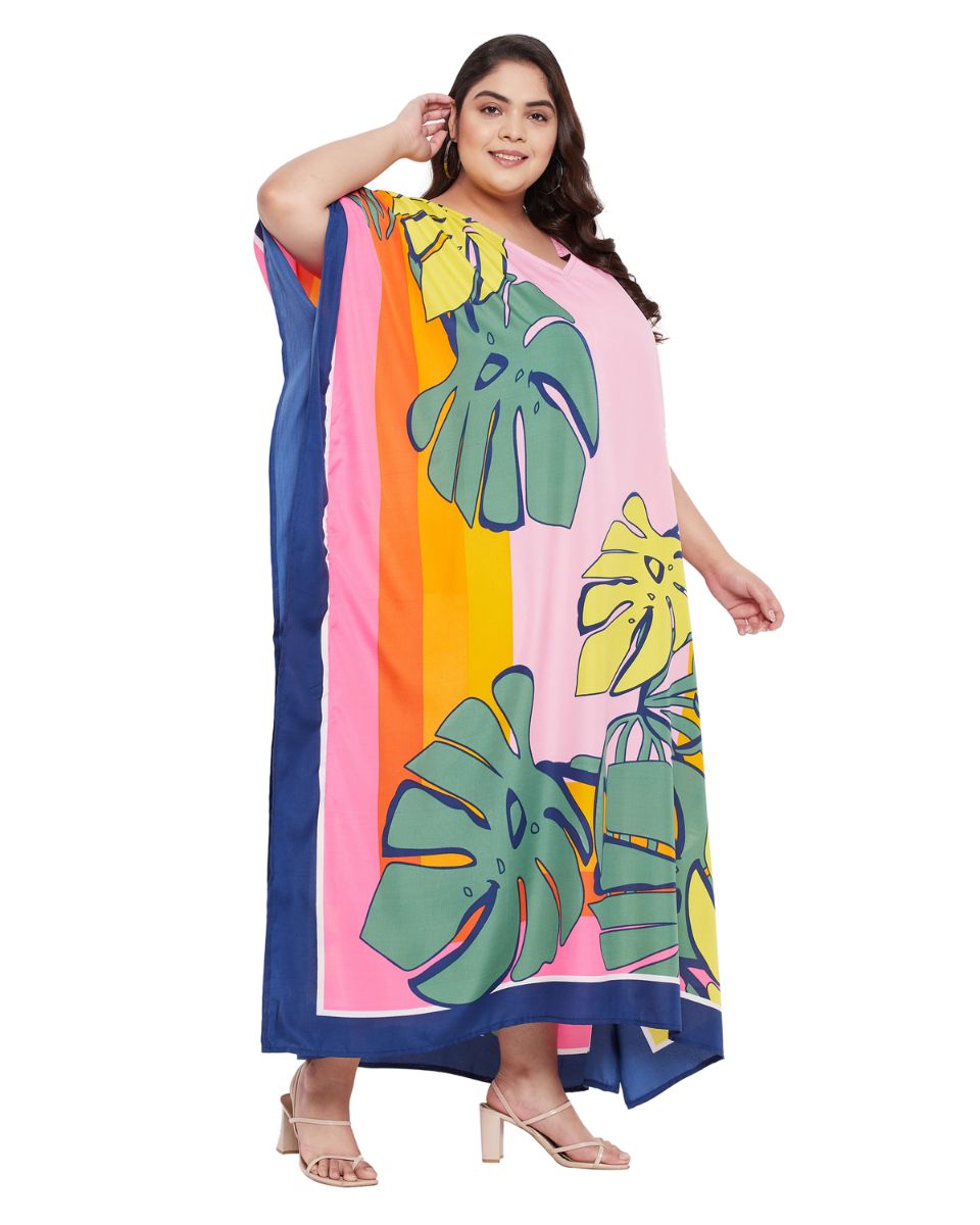 Leaf Printed Multicolor Plus Size Polyester Kaftan Dress For Women