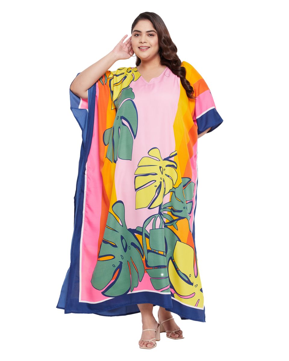 Leaf Printed Multicolor Plus Size Polyester Kaftan Dress For Women